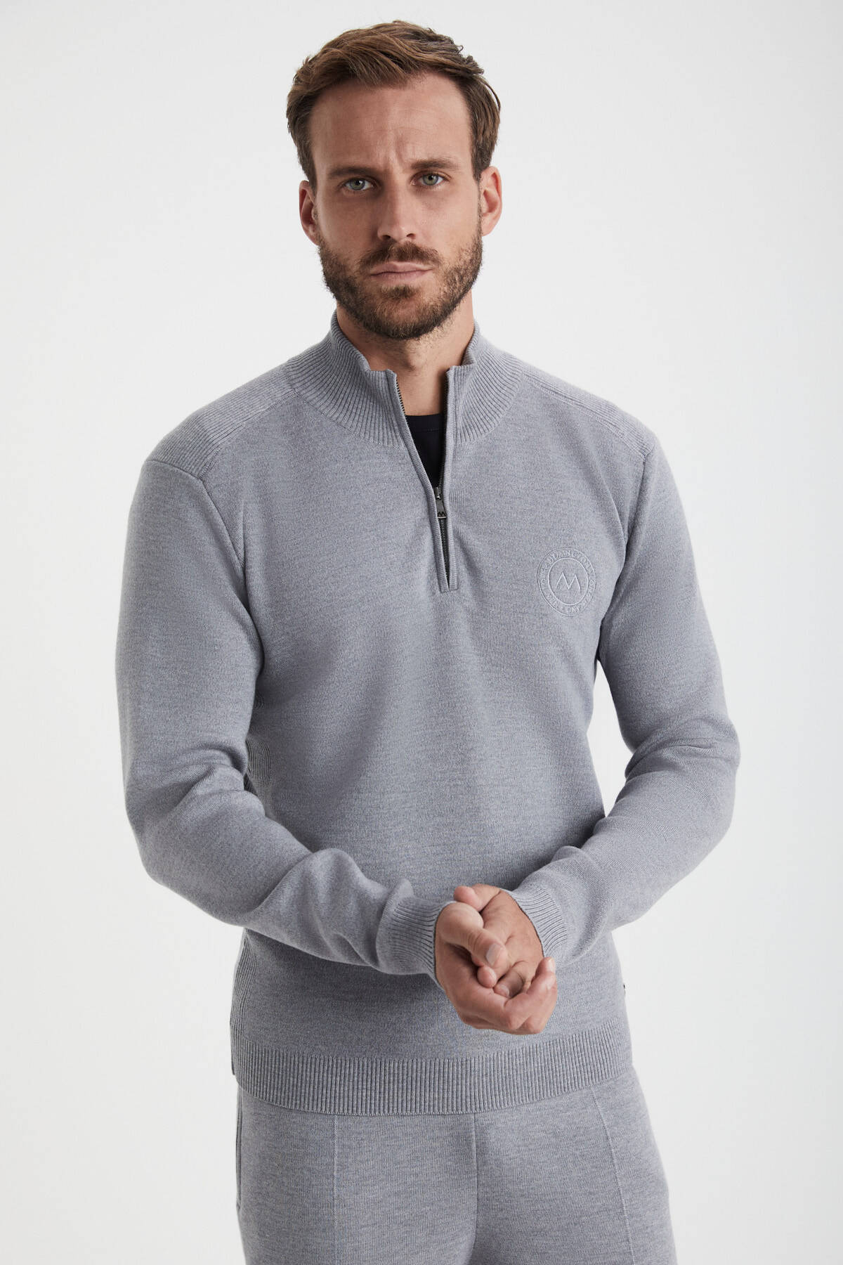 Açık Gri Fermuarlı Merino Yün Activewear Triko