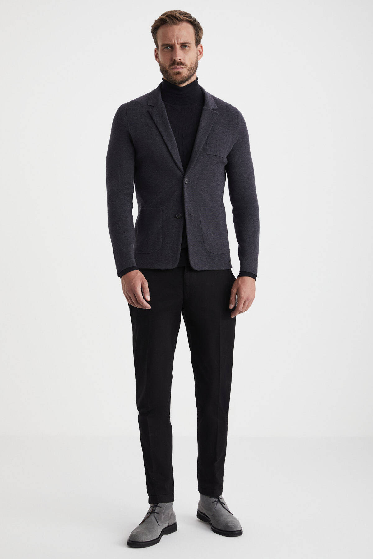 Antrasit Extrafine Merino Triko Blazer Ceket