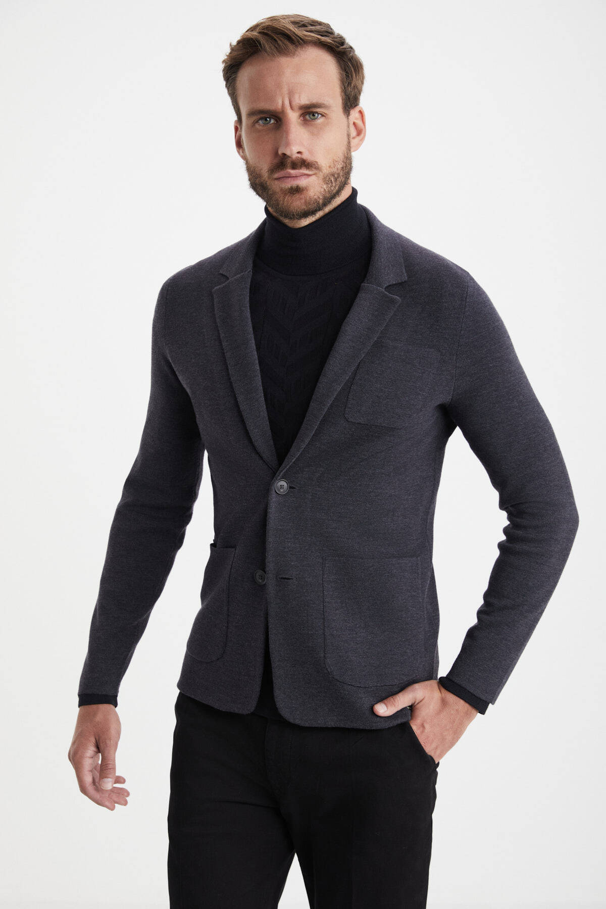 Antrasit Extrafine Merino Triko Blazer Ceket