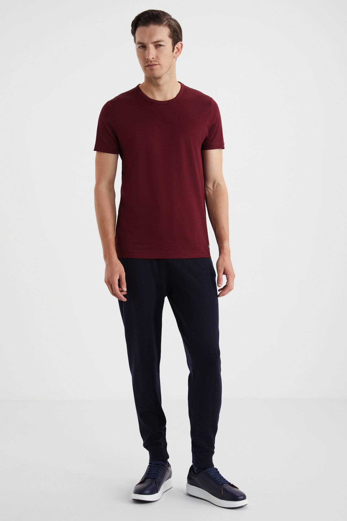 Bisiklet Yaka Bordo Basic T-Shirt