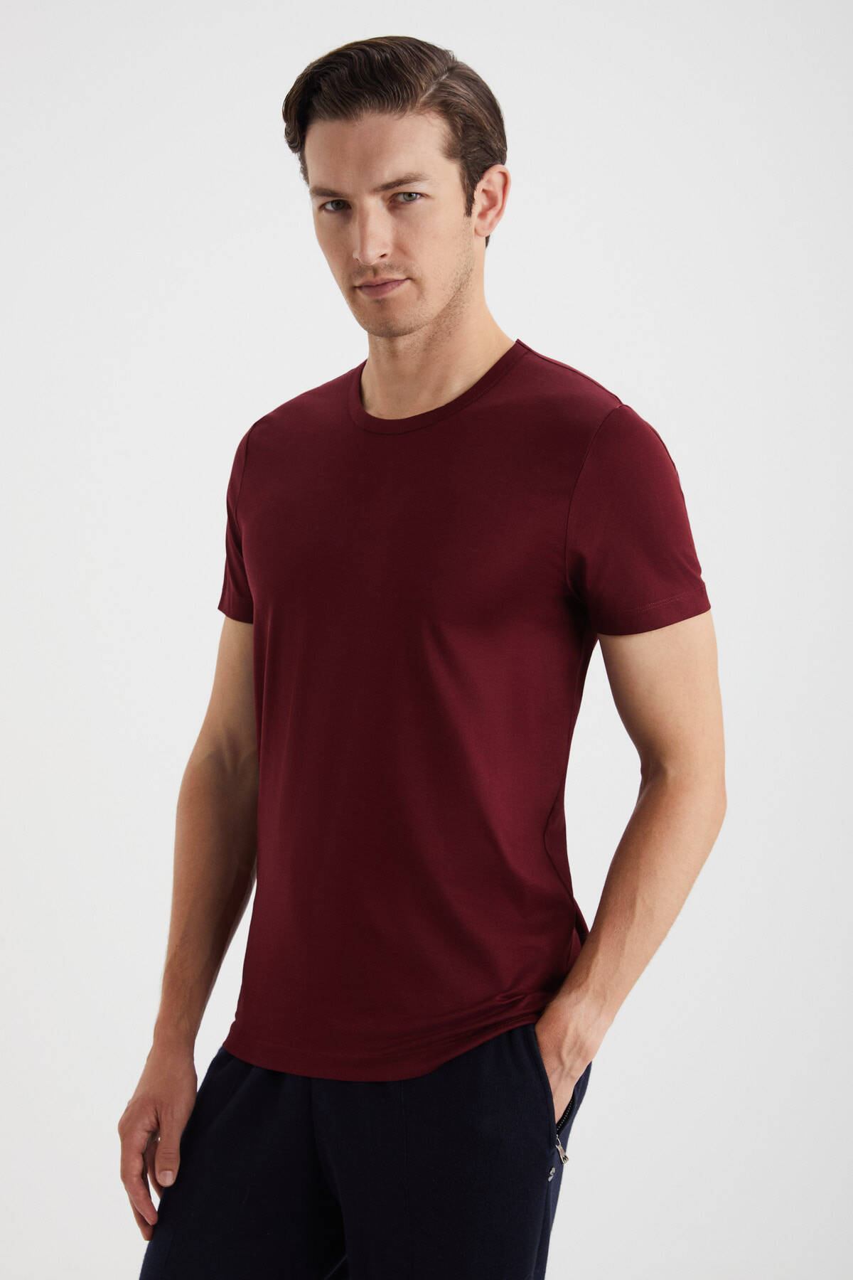 Bisiklet Yaka Bordo Basic T-Shirt