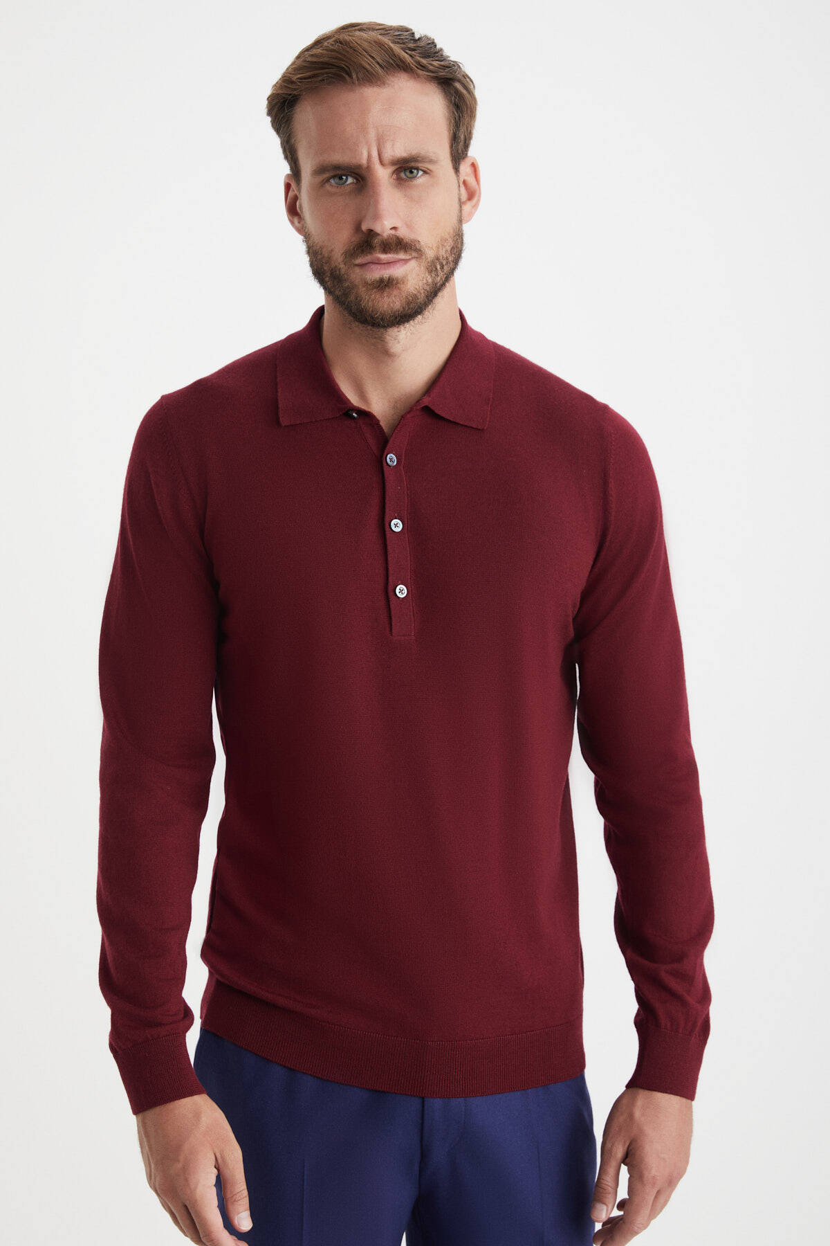 Polo Yaka Merino Yün Bordo Triko