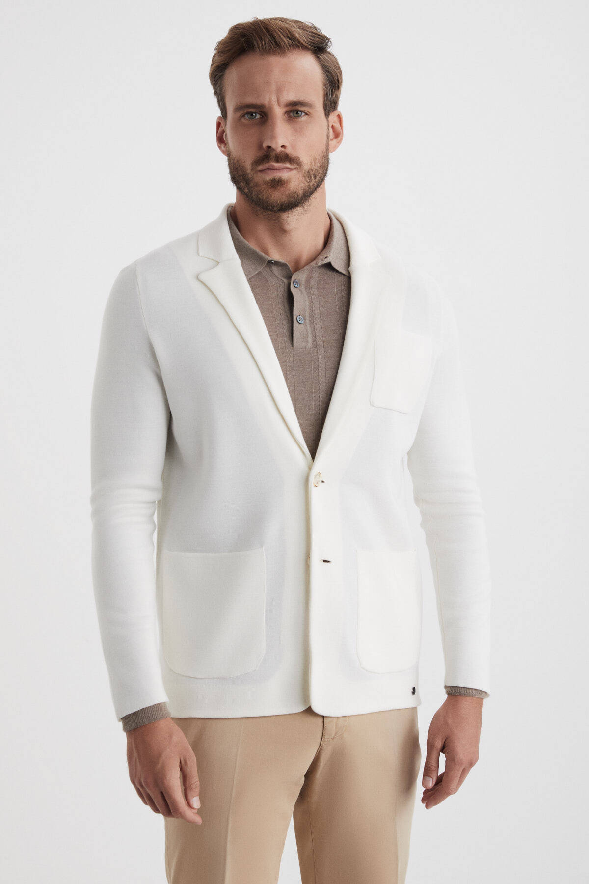 Ekru Extrafine Merino Triko Blazer Ceket