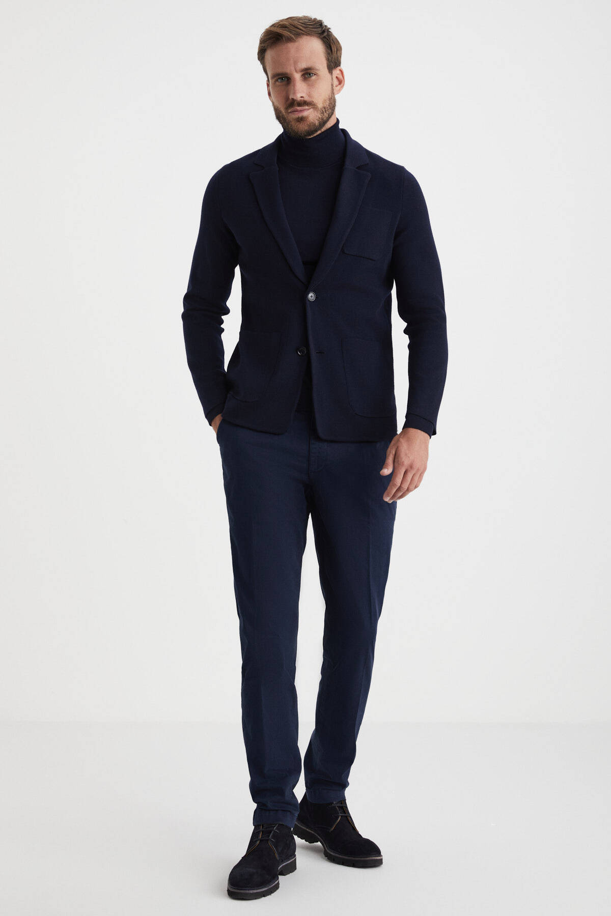 Lacivert Extrafine Merino Triko Blazer Ceket