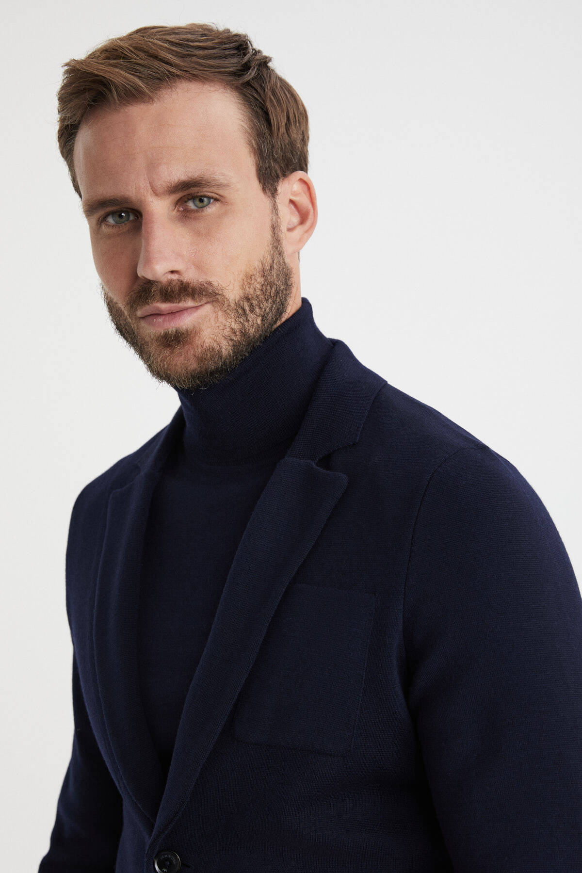 Lacivert Extrafine Merino Triko Blazer Ceket