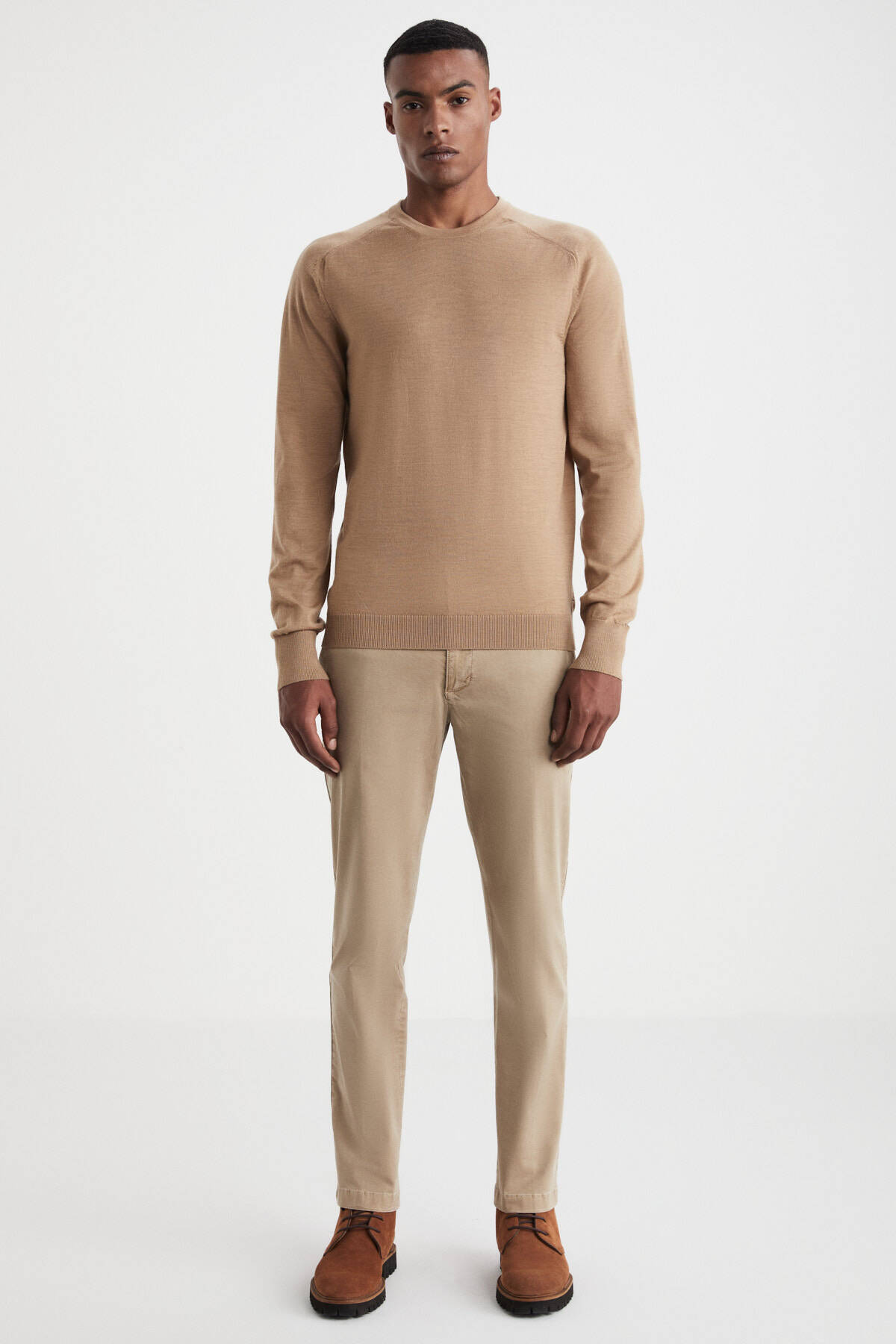 Slim Fit Bisiklet Yaka Camel Merino Yün Triko