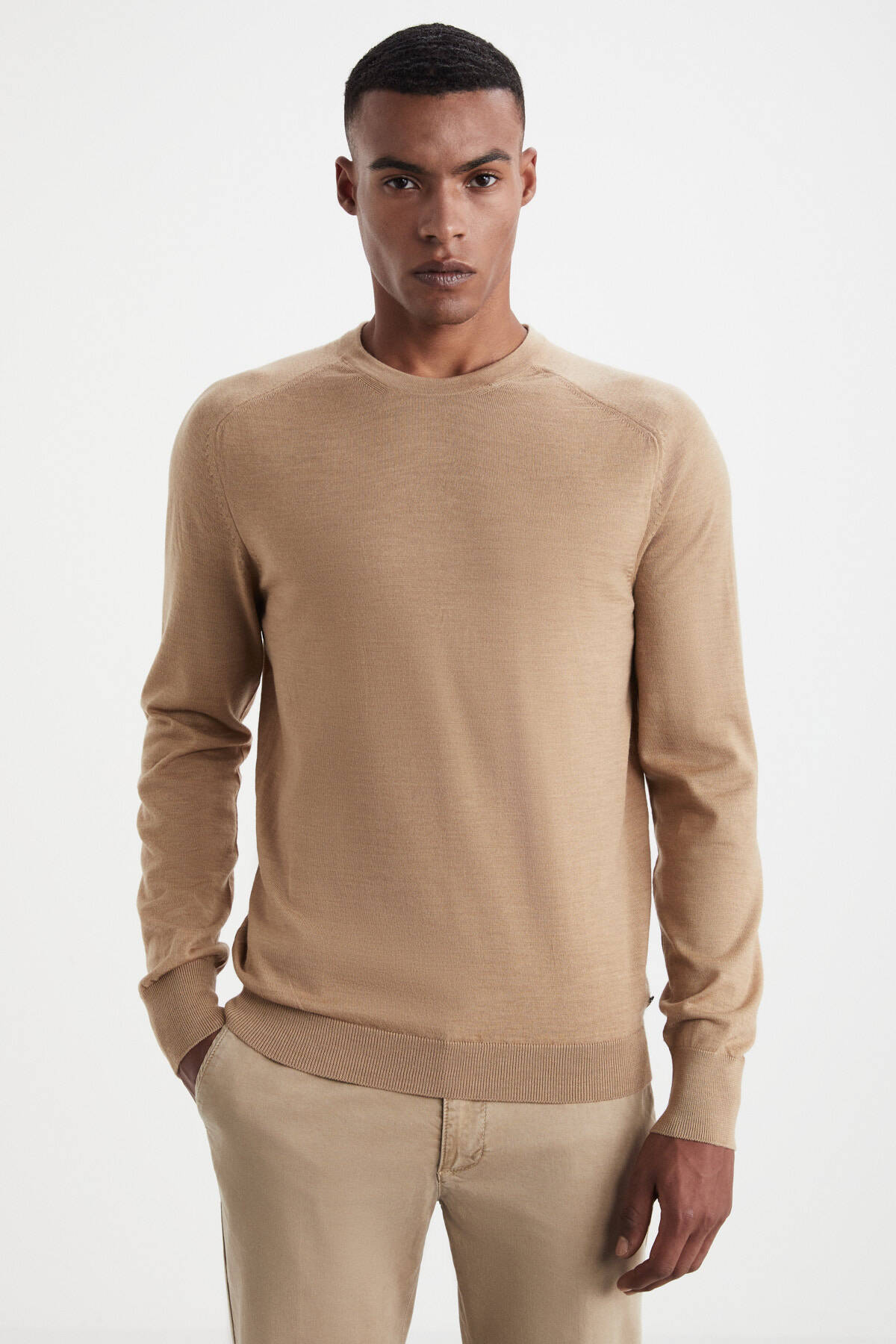 Slim Fit Bisiklet Yaka Camel Merino Yün Triko