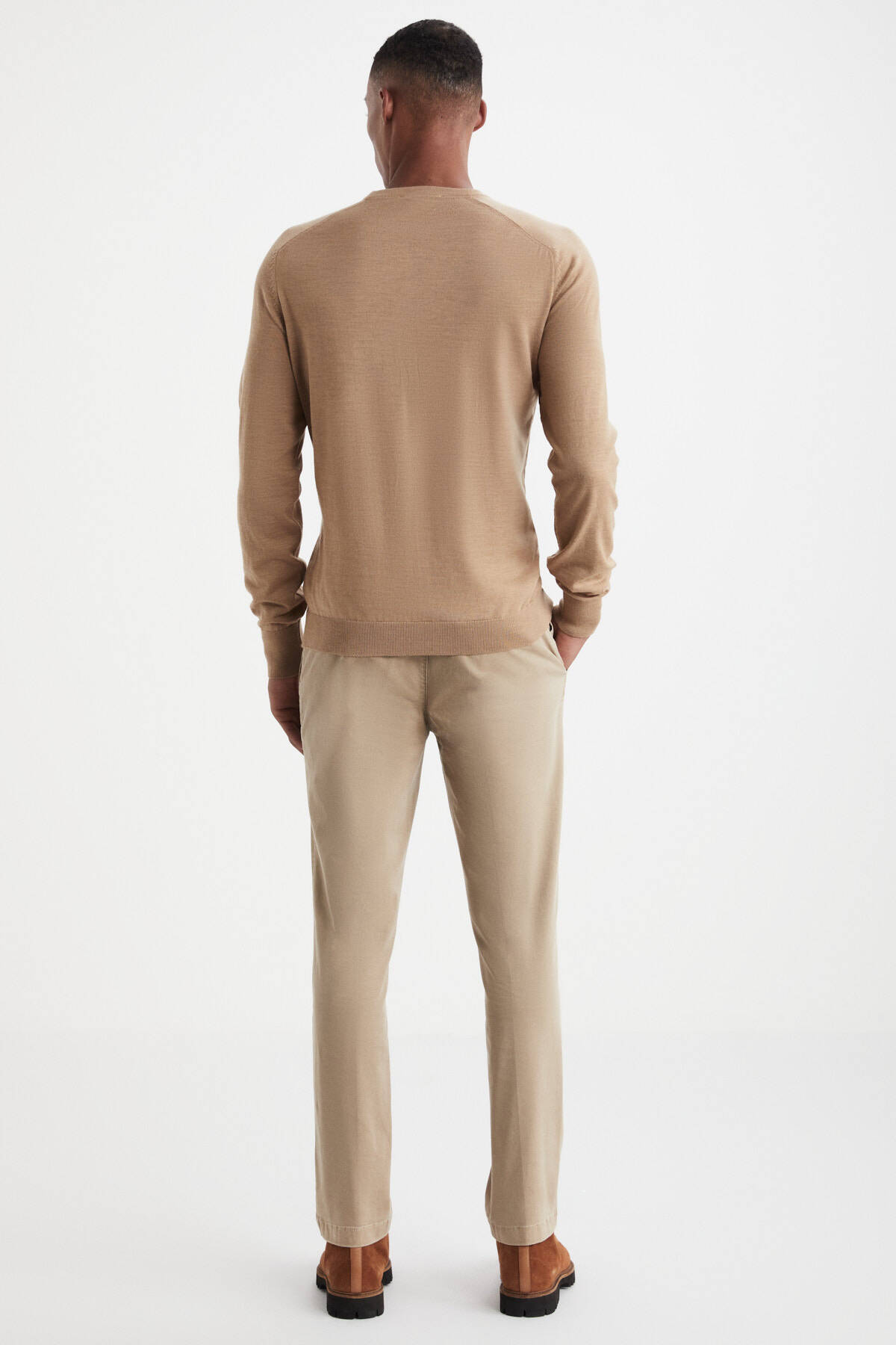 Slim Fit Bisiklet Yaka Camel Merino Yün Triko