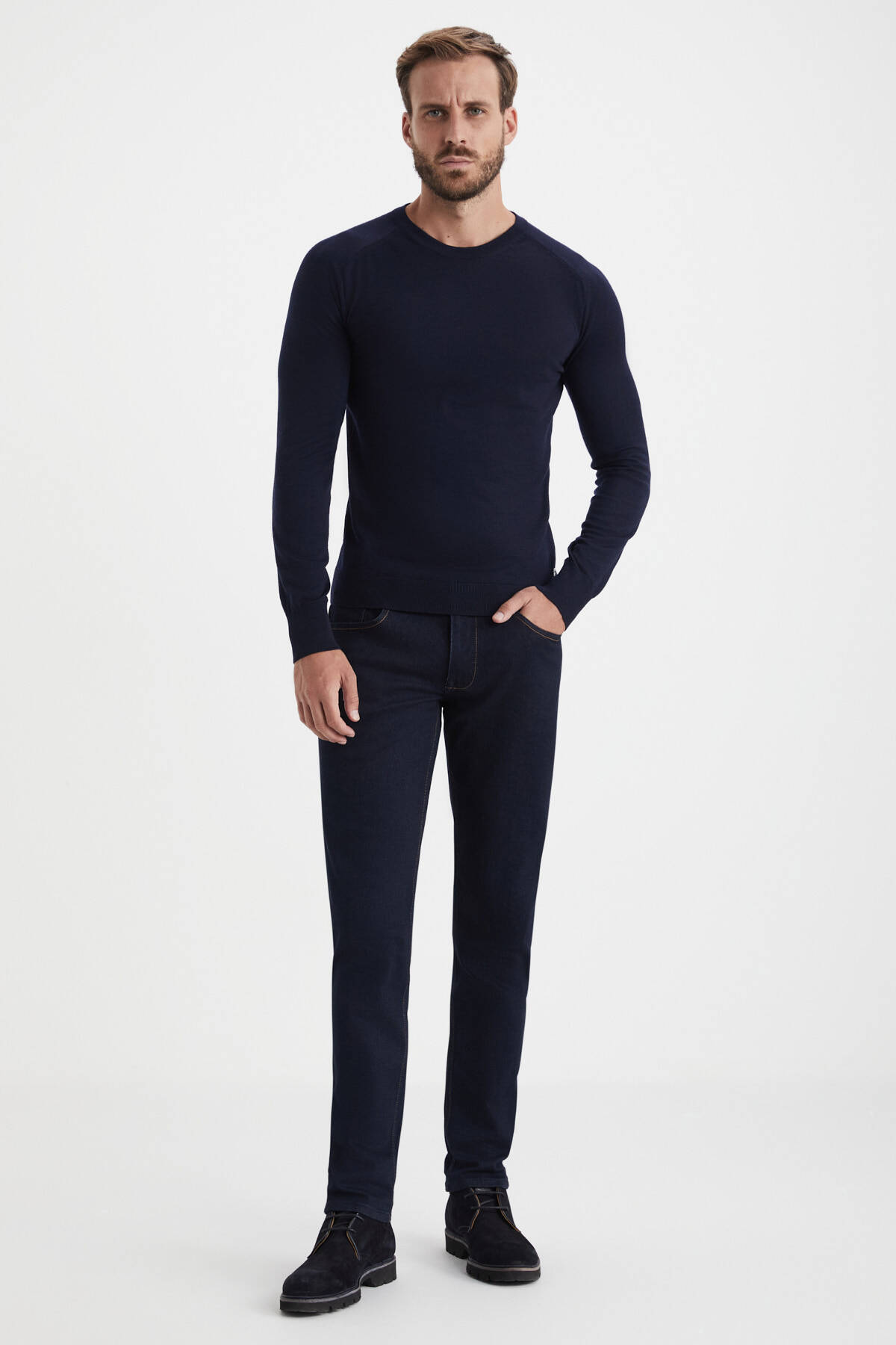 Slim Fit Bisiklet Yaka Lacivert Merino Yün Triko